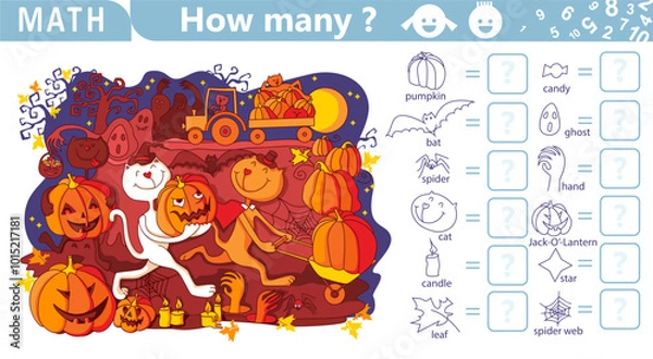 Fototapeta Counting math game for kids. Find and count hidden objects in the picture. Halloween night with Cats, Pumpkins, Ghosts. Jack-O'-Lantern Halloween celebration. Puzzle Hidden Items. Sketch vector 
