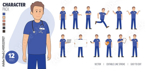 Obraz 2D Illustrated male nurse man vector character in a set of multiple poses. Easy to edit and isolated on a white background. Modern trendy style character mega pack with lots of poses.	
