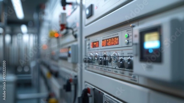 Fototapeta Close-up of a Control Panel with Digital Display in a Technological Environment