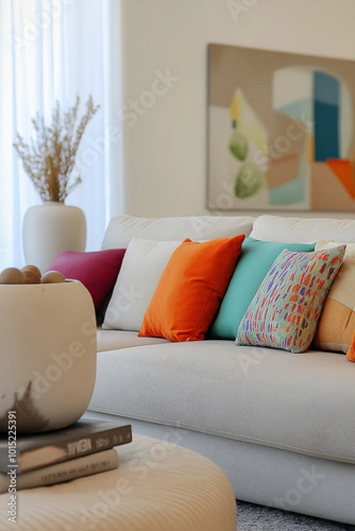 Obraz Sophisticated Interior Design with Beige Sofa and Colorful Pillows