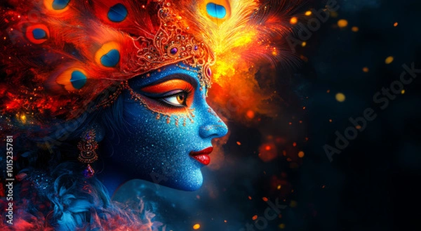 Fototapeta A woman with a blue face and red hair is wearing a blue and red headdress. The woman is surrounded by fire and smoke, giving the image a mystical and otherworldly feel