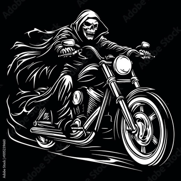 Fototapeta Grim Reaper on a Motorcycle - Bold Black and White Vector Illustration of a Skeleton Rider in a Hooded Cloak, Perfect for Tattoos, Biker Art, Apparel Designs, or Dark-Themed Digital Downloads.