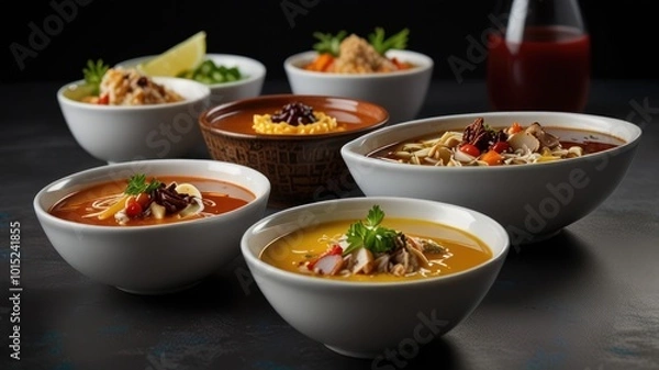 Fototapeta Six bowls of various colorful soups with garnishes.