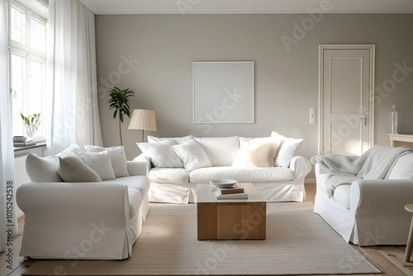 Fototapeta Serene living room design with white sofa, wooden coffee table, books, beige carpet, beige walls, natural from window with white curtains. Modern interior with comfortable furniture for home.