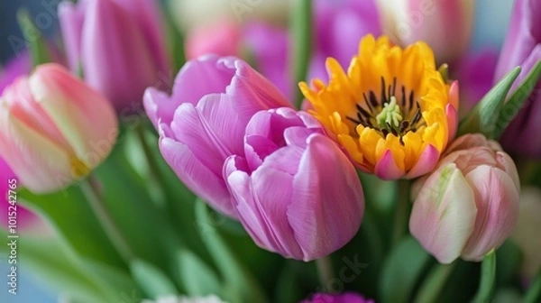 Fototapeta A detailed image of a purple tulip bouquet, with delicate petals and vibrant hues captured in soft, natural light.