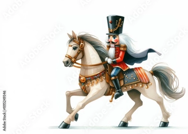 Fototapeta Traditioneller Nussknacker in Uniform auf dem Pferd,  weißer Hintergrund. Passt perfekt zu festlichen Anlässen und für die Weihnachtskarte, Platz für Text, generative KI
