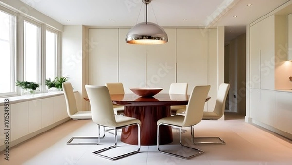 Fototapeta Modern kitchen interior with round dinning table and chairs . 3D Rendering