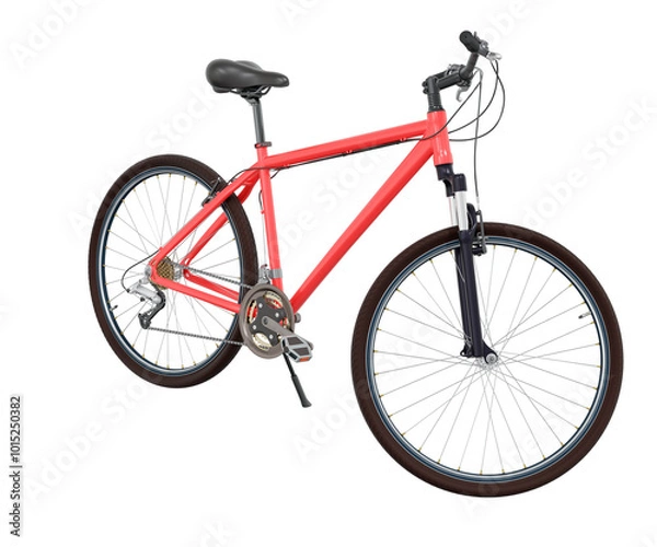 Obraz Red bicycle standing while leaning on kickstand, side front view. Bike resting on kick stand. Png clipart isolated on transparent background