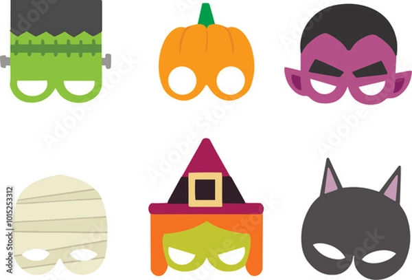 Obraz Set of masks for Halloween, New Year or party: pumpkin mask, mummy mask, spider mask, witch mask, vampire mask, Frankenstein mask