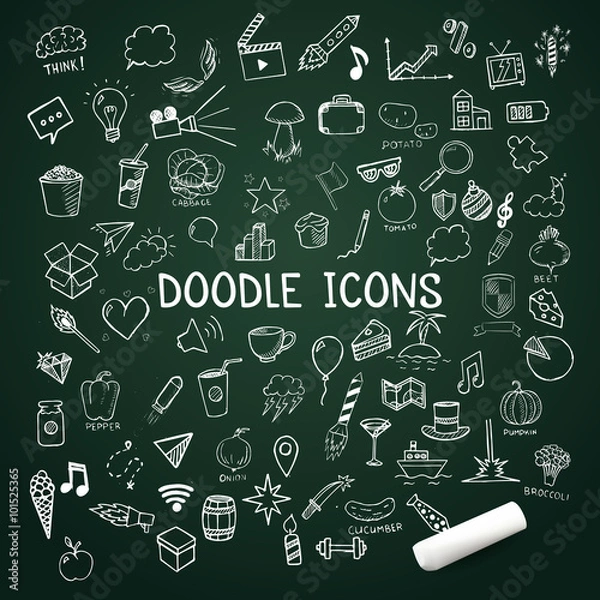 Fototapeta Set of doodle icons, vector hand-drawn objects with chalk