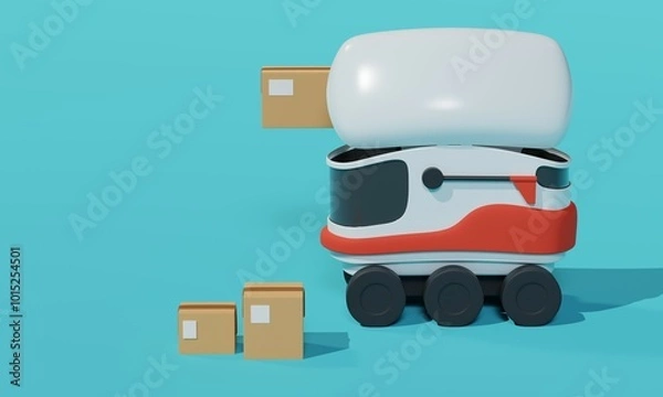 Obraz Autonomous delivery robot carrying boxes on blue background. 3d rendering 