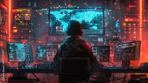 Obraz A hacker using multiple devices to breach a secure network, surrounded by glowing cables and routers, with digital maps and access logs on monitors.