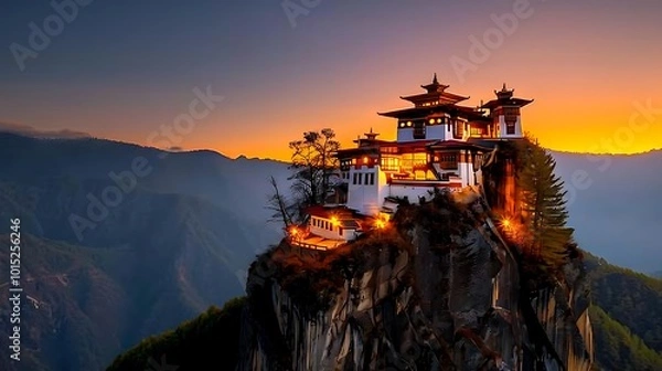 Fototapeta Stunning Twilight at Cliffside Monastery in Bhutan