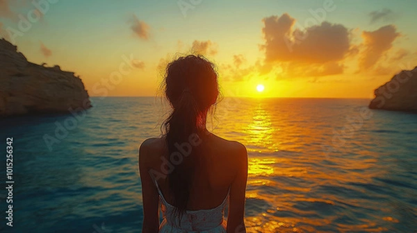 Fototapeta A woman gazing at a stunning sunset over the ocean, capturing the beauty of nature and peaceful reflection. Silhouette in a tranquil scene of vibrant skies and calming waters