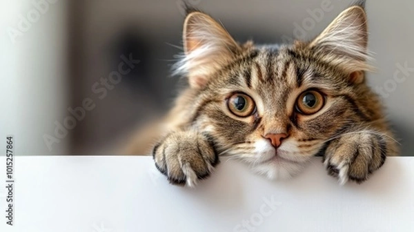 Obraz A curious tabby cat with large, golden eyes peeks over a white surface with its paws resting on the edge.