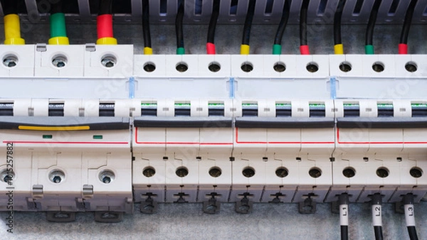 Obraz A close up of a power box with many wires and outlets. The box is white and has a red stripe