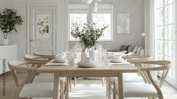 Obraz A beautifully arranged dining room featuring a wooden table set with white dishware, surrounded by stylish chairs. Sunlight streams in through large windows, enhancing the serene atmosphere.