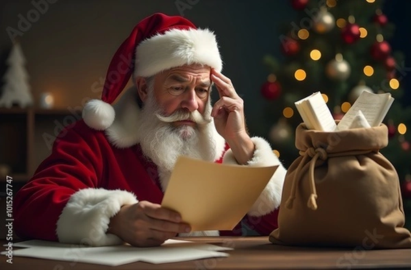 Fototapeta Tired Santa Claus reads a letter, holds his other hand on his forehead as if he has a headache, on the table is a large bag from which letters. Festive background. New Year and Christmas concept