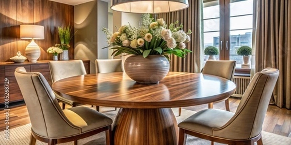 Fototapeta Embodying elegance, this round wooden dining table enhances modern home decor, providing a luxurious touch to dining spaces, ideal for memorable