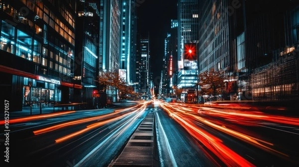Fototapeta A long exposure shot of a busy city street at night, with car lights streaking through the frame.