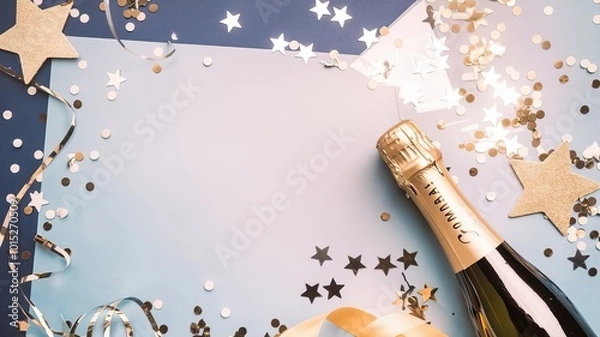 Obraz An elegant festive background with golden balls, champagne and confetti stars creates an atmosphere of luxury for any celebration. Perfect for Christmas, birthdays or weddings
