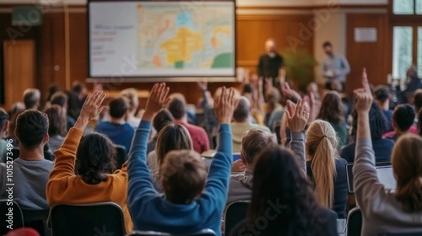 Obraz Community members gather in a large hall, raising hands to voice opinions during a town hall meeting about local development plans, with a flipchart map displayed nearby
