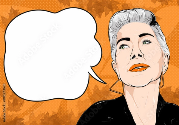 Fototapeta Mature woman made in cartoon style with empty speech bubble autumn