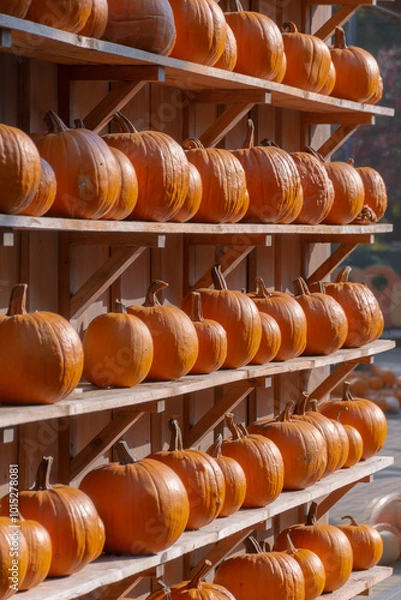 Fototapeta A large number of pumpkins fill the entire frame. The pumpkins vary in size and color, creating a simple yet vibrant autumn composition. Perfect for fall themes.