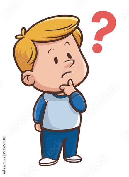 Fototapeta Cartoon Boy in Deep Thought with Question Mark Illustration
