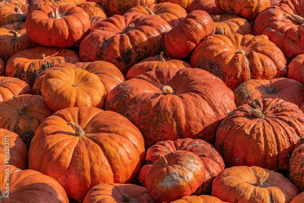 Fototapeta A large number of pumpkins fill the entire frame. The pumpkins vary in size and color, creating a simple yet vibrant autumn composition. Perfect for fall themes.