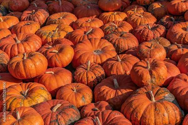 Fototapeta A large number of pumpkins fill the entire frame. The pumpkins vary in size and color, creating a simple yet vibrant autumn composition. Perfect for fall themes.
