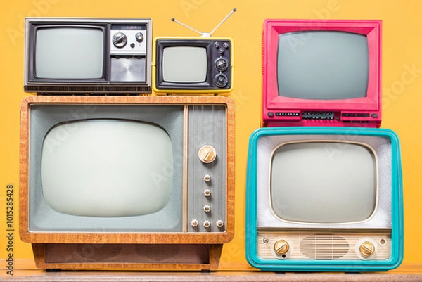 Obraz Retro TVs set front yellow background. Vintage old style filtered photo