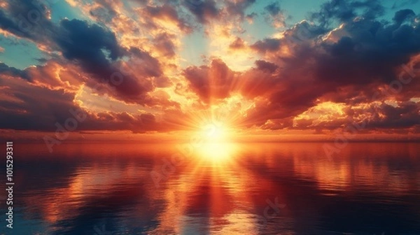 Fototapeta A breathtaking scene of a vibrant sunset over a calm ocean, with rays of light streaming through fluffy clouds, evoking peace and serenity in nature's beauty.