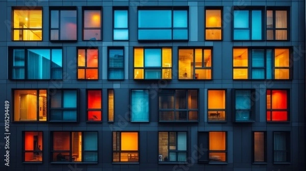 Fototapeta A vibrant building facade showcasing colorful illuminated windows at night, creating a dynamic interplay between warm and cool tones in an urban setting.