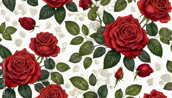 Obraz Bright watercolor red roses and green leaves on a white background. Pattern, template for textiles, packaging, greeting cards.