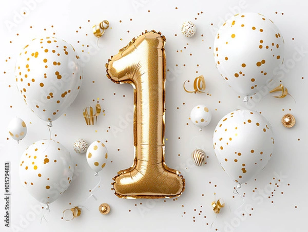 Fototapeta Gold and white themed celebration with large number one balloon and confetti. AI-generated