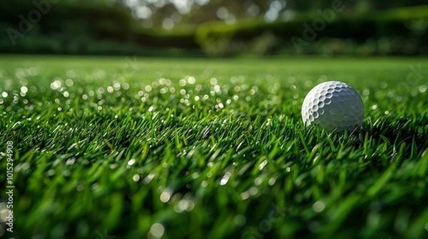 Obraz Close up golf ball on green grass field