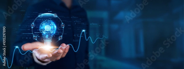 Fototapeta Telecommunications: Businessman hands with light bulb of inspiration bright idea and creative thinking energetic on digital network connectivity, communication, innovation, collaboration.