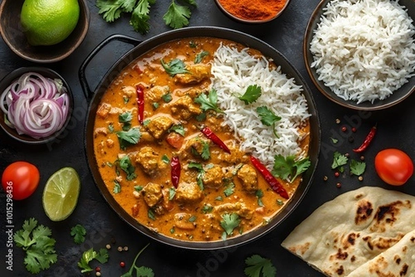 Fototapeta Delicious indian chicken curry with rice and naan