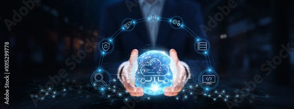 Fototapeta Cloud Computing: Businessman hands hold global cloud computing technology, scalability, flexibility, storage, collaboration, security, data accessibility, cost-effectiveness.