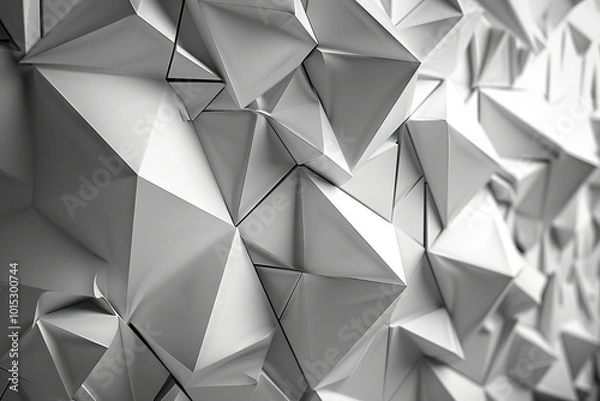 Fototapeta Backdrop with contemporary abstract design featuring layered gray triangles and geometric shapes. Modern geometry background. front view. Digital 3D render. wallpaper with texture.