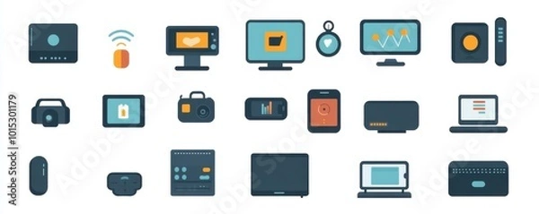 Fototapeta  illustration of modern technology and electronic devices including computers, monitors, and various gadgets in flat design style