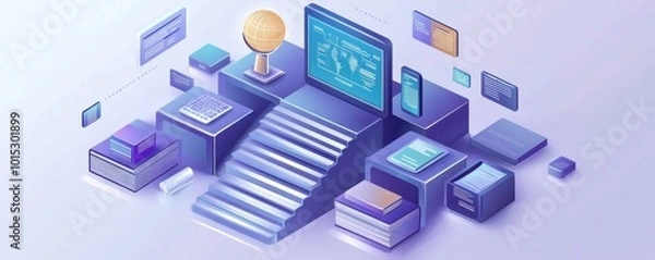 Fototapeta Isometric illustration of a global network with digital devices, books, and a globe symbolizing connectivity and information exchange