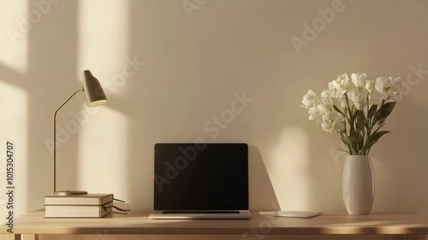 Fototapeta A minimalist workspace featuring a laptop with a black screen, a desk lamp, a vase with white flowers, books, and stationery on a wooden desk against a light beige wall.