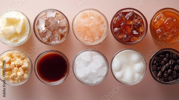 Fototapeta Frappe Ingredients Collage, a collage of ice, milk, coffee, and syrups, with copy space, National Frappe Day