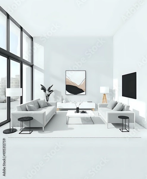 Obraz Modern Minimalist Living Room with White Walls & Natural Light - 4:5 Aspect Ratio