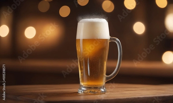 Fototapeta Amber beer on a bar stool with soft, warm lighting.