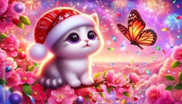 Fototapeta Cute Kitten with Santa Hat and Butterfly