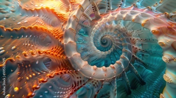 Obraz Abstract depiction of a nautilus shell, focusing on its intricate geometric design. The shell's natural swirl is a stunning visual element in this art piece.