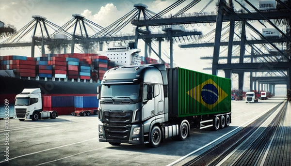 Obraz Modern freight truck with an Brazil flag container at a busy port, surrounded by cargo ships and cranes. Ideal for showcasing global shipping, logistics, and transportation